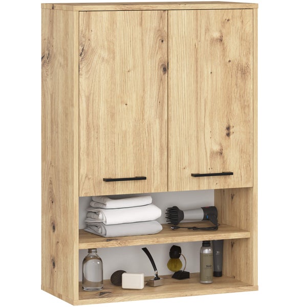 Badezimmerschrank mit zwei Türen und zwei offenen Regalen zur Aufbewahrung von Badartikeln