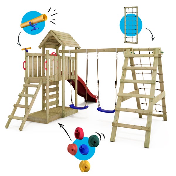 WICKEY Spielturm Klettergerüst RocketFlyer mit Schaukel und Rutsche, Kletterturm mit Sandkasten, Kletteranbau und Spiel-Zubehör - rot