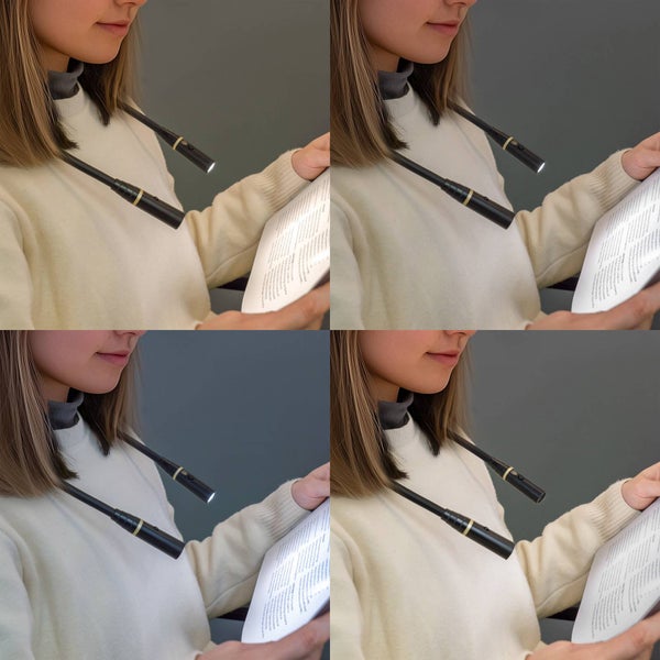 LED-Nackenleseleuchte mit zwei flexiblen Armen, getragen von einer Person beim Lesen eines Dokuments, Darstellung vier verschiedener Farbtemperaturen.