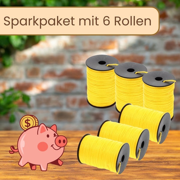 Sechs Rollen gelbes Bindegarn im Sparpaket
