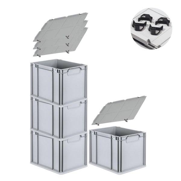 PROREGAL Spar Set 4x Eurobox Nextgen Economy Mit Auflagedeckel & 4x Schiebeschnappverschlüsse Schwarz Griffe Geschlossen HxBxT 32 x 30 x 40 cm