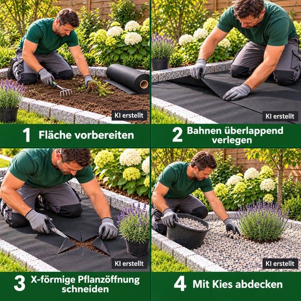 Anleitung in vier Schritten zum Verlegen von Unkrautvlies im Garten mit Vorbereitung, Auslegen, Zuschneiden und Abdecken mit Kies.
