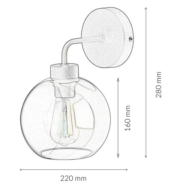 Skizze einer Wandleuchte mit Glaskugel und Maßangaben