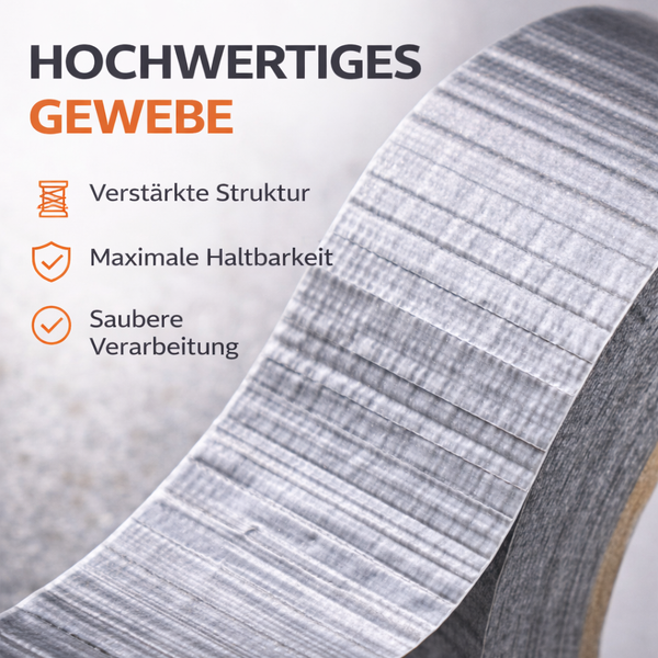 Nahaufnahme von Gewebeband mit verstärkter Struktur, maximaler Haltbarkeit und sauberer Verarbeitung.