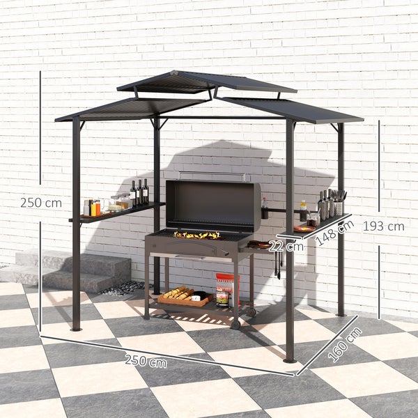 Outsunny Grillpavillon 250 x 160 x 250 cm wasserdicht Gartenpavillon mit Doppelschichtdach, Seitenregalen, Gartenlauben mit UV-Schutz, BBQ Pavillon, Gartenzelt Grillzelt für Garten Party BBQ, Schwarz