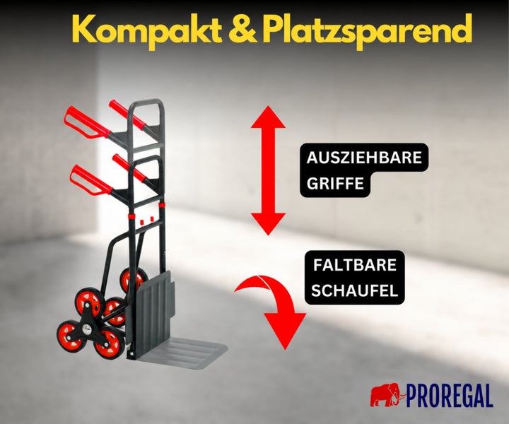 Klappbare Treppenkarre von Proregal mit ausziehbaren Griffen und faltbarer Schaufel für platzsparende Lagerung.