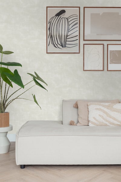 Wohnzimmer mit Pflanze, Sofa und mehreren gerahmten Bildern an der Wand.