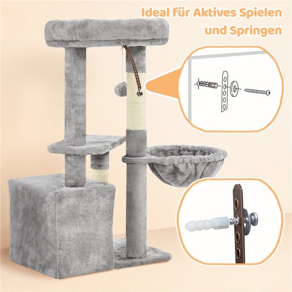 Grauer Kratzbaum mit verschiedenen Ebenen und Spielmöglichkeiten