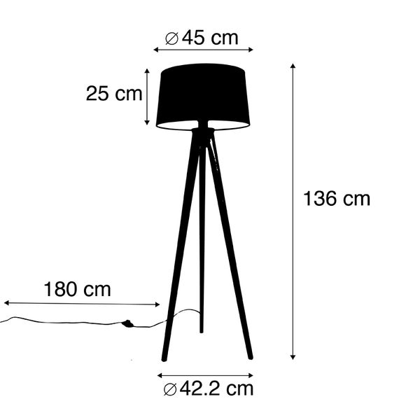 Abbildung einer Stehlampe mit den Maßen Durchmesser 45 cm, Höhe 25 cm (Lampenschirm), Höhe 136 cm, Durchmesser 42,2 cm (Lampenfuß) und Kabellänge 180 cm