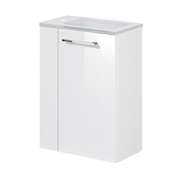 Fackelmann SCENO Gäste-WC Set 2 Teile – Waschtischunterschrank in Weiß mit Waschbecken aus Glas in Weiß – SBC Waschbeckenunterschrank schmal – Türanschlag rechts – 45 cm breit
