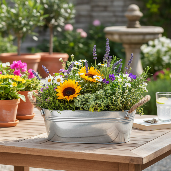 Ovale Pflanzwanne aus Metall mit Seilgriffen auf einem Holztisch, bepflanzt mit Sonnenblumen, Lavendel und Gänseblümchen im Garten.