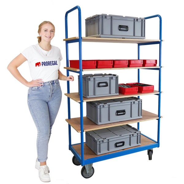 Rollregal mit Holzböden und Kunststoffboxen