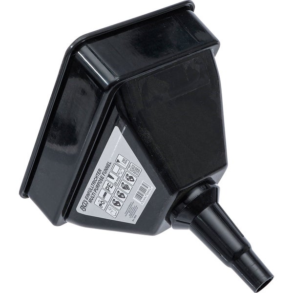 Schwarzer Mehrzweck-Einfülltrichter aus Polyethylen mit rechteckiger Öffnung und Etikett.