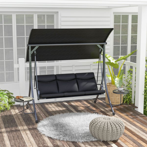 Outsunny Hollywoodschaukel mit Couchtische, 3-Sitzer Gartenschaukel mit verstellbarem Sonnendach, Schaukelbank belast bis 300kg, für Garten, Terrasse, 278 x 135 x 177 cm, Schwarz
