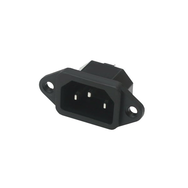 Kaltgeräteeinbaustecker mit drei Polen und Montageflansch zur Gehäusemontage