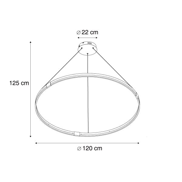 Technische Zeichnung einer Pendelleuchte mit den Maßen: Durchmesser 22 cm, Durchmesser 120 cm, Höhe 125 cm.