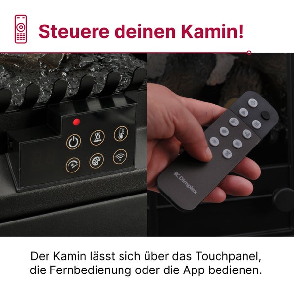 Elektrischer Kamin mit Touch Bedienfeld und Dimplex Logo Fernbedienung zur Steuerung von Wärme und Flammeneffekt.