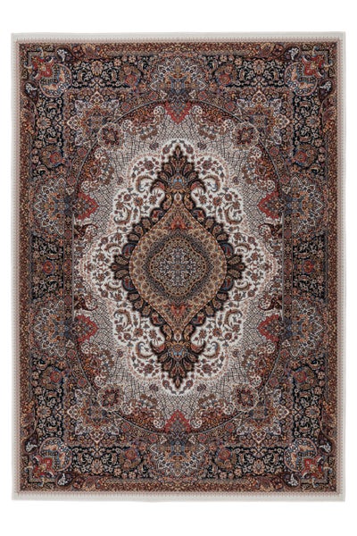 Rechteckiger Teppich im Orient Stil mit detailliertem Blumenmuster und Medaillon in der Mitte