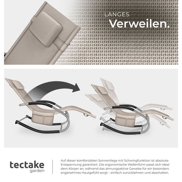 Ergonomische Gartenliege mit Schwingfunktion, Kopfpolster und Seitentasche aus atmungsaktivem Gewebe von tectake garden.