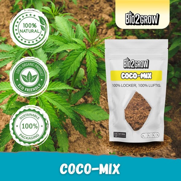 Bio2Grow Coco-Mix Pflanzsubstrat in einer Verpackung mit den Siegeln 100 % natürlich, 100 % organisches Produkt und nachhaltige Verpackung