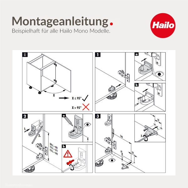 Montageanleitung für Hailo Mono Einbaumülleimer mit Installationsschritten und Hinweisen zum Türöffnungswinkel von maximal 95 Grad.