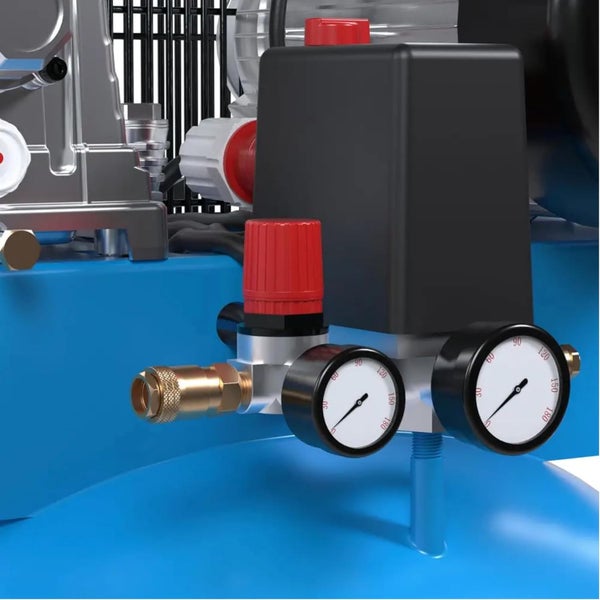 Detailansicht eines Kompressors mit Manometern und Anschlüssen.