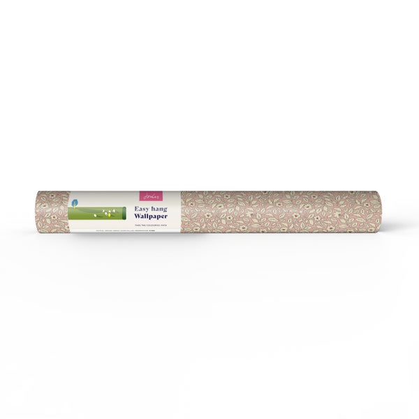 Eine Rolle Vliestapete von Joules mit einem floralen Blättermuster und einer Banderole mit der Aufschrift Easy hang Wallpaper.