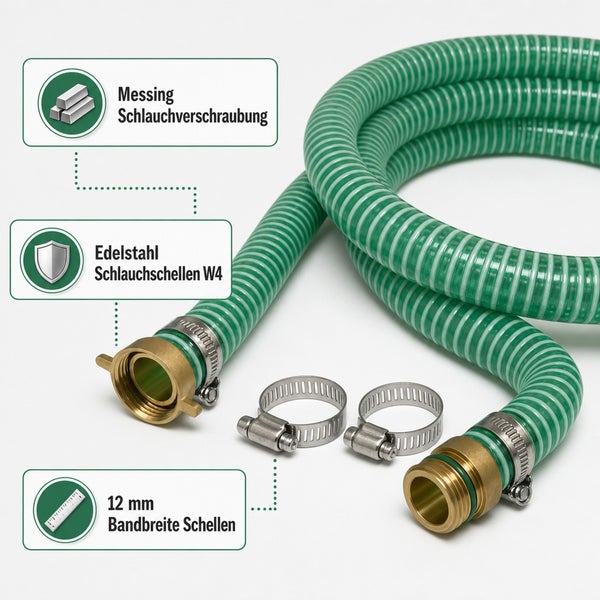 Saugschlauch mit Messing Schlauchverschraubung und Edelstahl Schlauchschellen W4 mit 12 Millimeter Bandbreite.