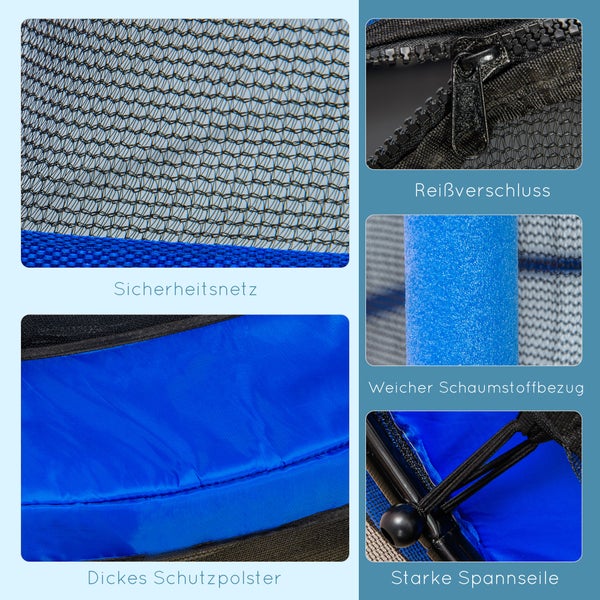 Detailansicht eines Trampolins mit Sicherheitsnetz, Reissverschluss, weichem Schaumstoffbezug, dickem Schutzpolster und starken Spannseilen.