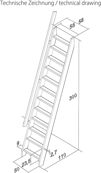 Ausziehbare Treppe „Flex“ von HandyStairs – Höhe 300 cm – 12 Stufen aus Kiefernholz – mit Handlauf