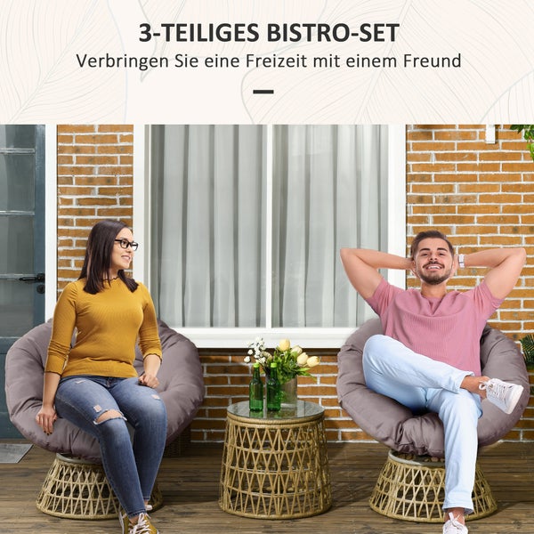 Outsunny Gartenmöbel-Set 3-tlg., Bistro-Set inkl. Couchtisch, 2 Stühle, Gartensitzgruppe mit Kissen, Gartengarnitur Balkonmöbel für Terrasse, Gelb