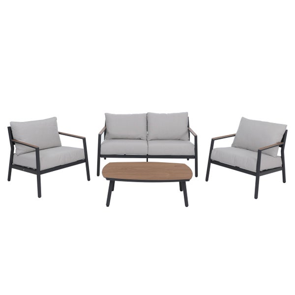 Modernes vierteiliges Garten-Lounge-Set mit Zweisitzer-Sofa, zwei Sesseln mit Kissen und einem Couchtisch, Metallgestell mit Holz-Akzenten.
