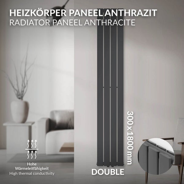 LuxeBath Paneelheizkörper Doppellagig 1800x300 mm Anthrazit Design Badheizkörper Mittelanschluss Bad/Wohnraum Heizung Designheizkörper Flach Heizkörper Flachheizkörper Vertikal Röhren mit Montage-Set