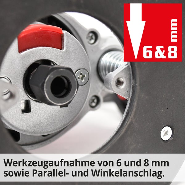 Werkzeugaufnahme für 6 und 8 Millimeter sowie Parallel- und Winkelanschlag.