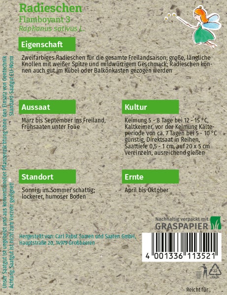 Rückseite der Saatgutverpackung für Radieschen Flamboyant 3 mit Informationen zu Aussaat, Kultur, Standort und Ernte auf nachhaltigem Graspapier.