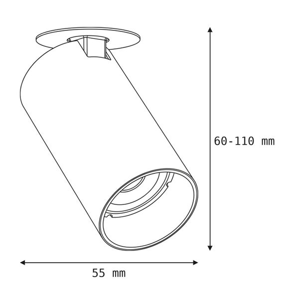 Technische Zeichnung eines zylindrischen Deckenstrahlers mit den Maßen 55 Millimeter Durchmesser und 60 bis 110 Millimeter Höhe.