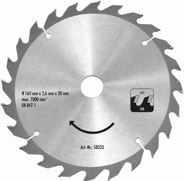 Kreissägeblatt Hartmetall 165 Millimeter Durchmesser mit 24 Zähnen für Holz.