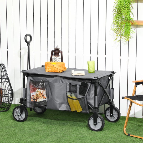 Outsunny Bollerwagen Faltbar, Handwagen mit Räder, Bremsen, Tragetasche, 125L Transportwagen bis 120kg belastbar, XXL Gerätewagen, Gartenwagen Gartenkarre für Strand Camping Einkaufen, Dunkelgrau