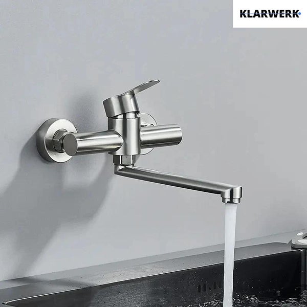 Wandmontierte Einhebel-Spültischarmatur mit schwenkbarem Auslauf von Klarwerk Logo