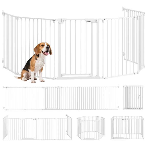 Modulares Absperrgitter aus Metall für Hunde, flexibel einsetzbar als Raumteiler oder Laufstall, weiß.