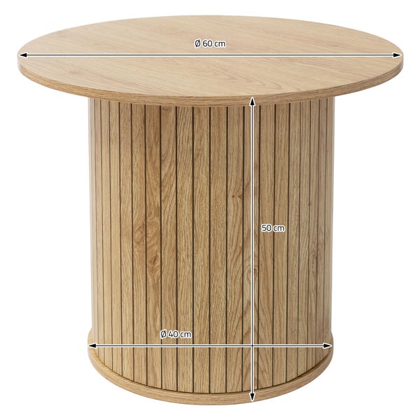 Runder Beistelltisch in Holzoptik mit Lamellen-Fuß, Durchmesser 60 Zentimeter, Fußdurchmesser 40 Zentimeter, Höhe 50 Zentimeter.