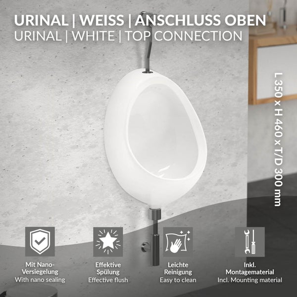 ECD Germany Urinal Weiß Zulauf von oben, Keramik Pinkelbecken mit Nano-Versiegelung, Modernes Pissoir, 35x46x30 cm, oval, Spülrand geschlossen, Senkrechter Ablauf, WC-Urinal Absaugeurinal Urinalbecken
