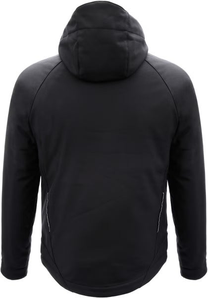 Schwarze Arbeitsjacke mit Kapuze und Raglanärmeln in der Rückansicht.