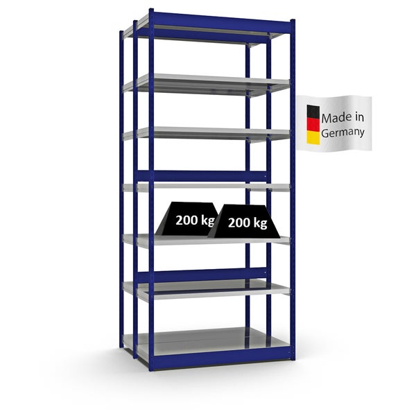 PROREGAL Fachbodenregal Stecksystem Vierkant-Profil Grundregal HxBxT 300 x 132,5 x 40 cm 2x7 Ebenen Doppelseitige Bauart Fachlast 200 kg Enzianblau