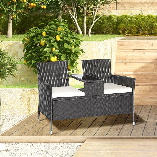 Outsunny Polyrattan Gartenbank, Gartensofa, 2-Sitzer, B133 x T63 x H84cm, Stahl, Schwarz