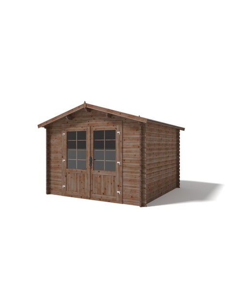 Gartenhaus aus Holz mit Satteldach und Doppeltür mit Lichtausschnitten.