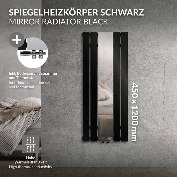 LuxeBath Badheizkörper mit Spiegel Mittelanschluss 1200x450 mm Schwarz Bodenanschlussgarnitur Durchgangsform Multiblock Thermostat Chrom, Paneelheizkörper Vertikal Spiegelheizkörper Glasheizkörper