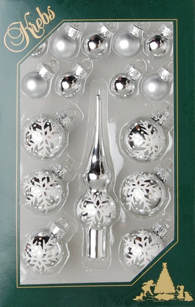 Silber Mini-Dekoset aus Glas, 2cm, 3cm Kugeln, 12cm Spitze, handdekoriert, 16 Stck., Weihnachtsbaumkugeln, Christbaumschmuck, Weihnachtsbaumanhänger