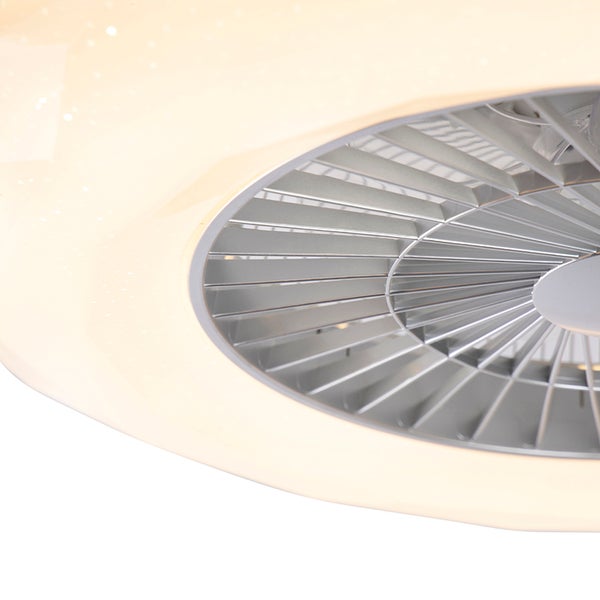 Nahaufnahme einer modernen Deckenleuchte mit integriertem Ventilator und kreisförmigem silbernem Lüftungsgitter.