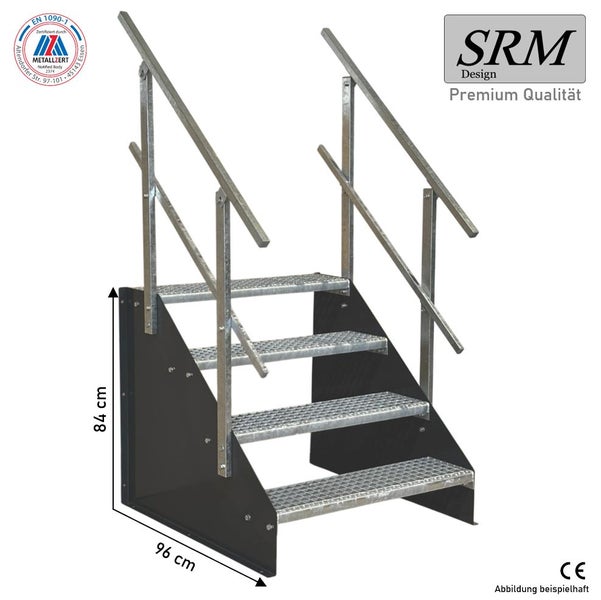 Stahltreppe mit 4 Gitterroststufen, beidseitigem Geländer, 84 Zentimeter hoch, 96 Zentimeter tief, SRM Design Logo.